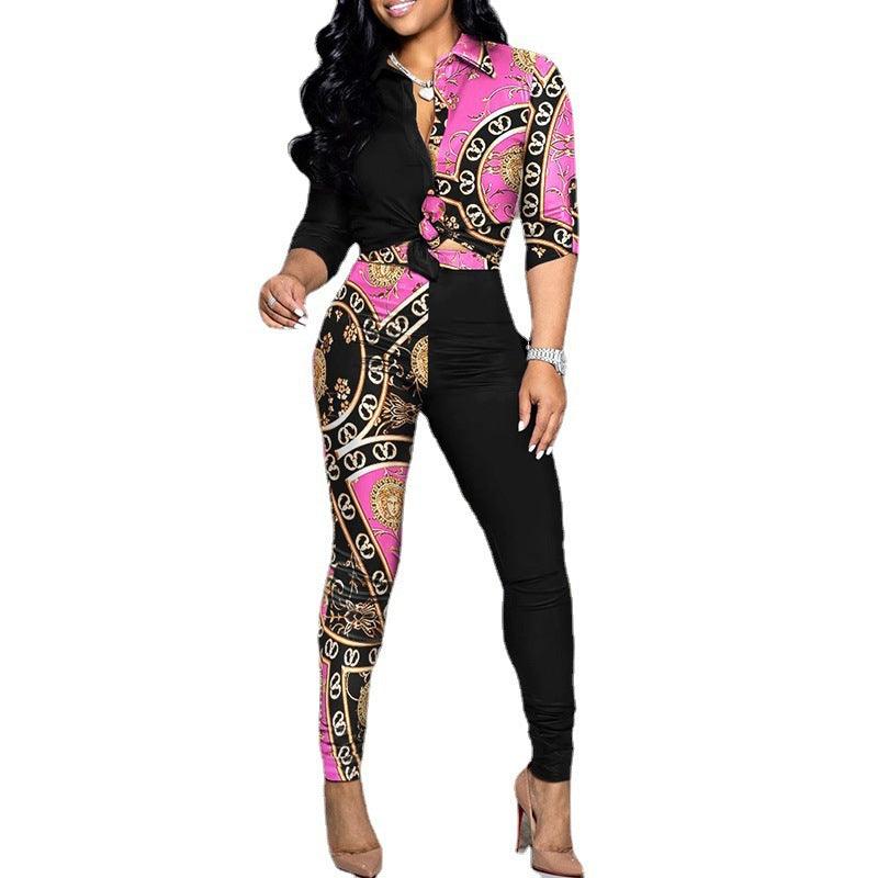 Women's Long Sleeve Lapel Shirt + Casual Pants Colorblock Print Set - Alartis