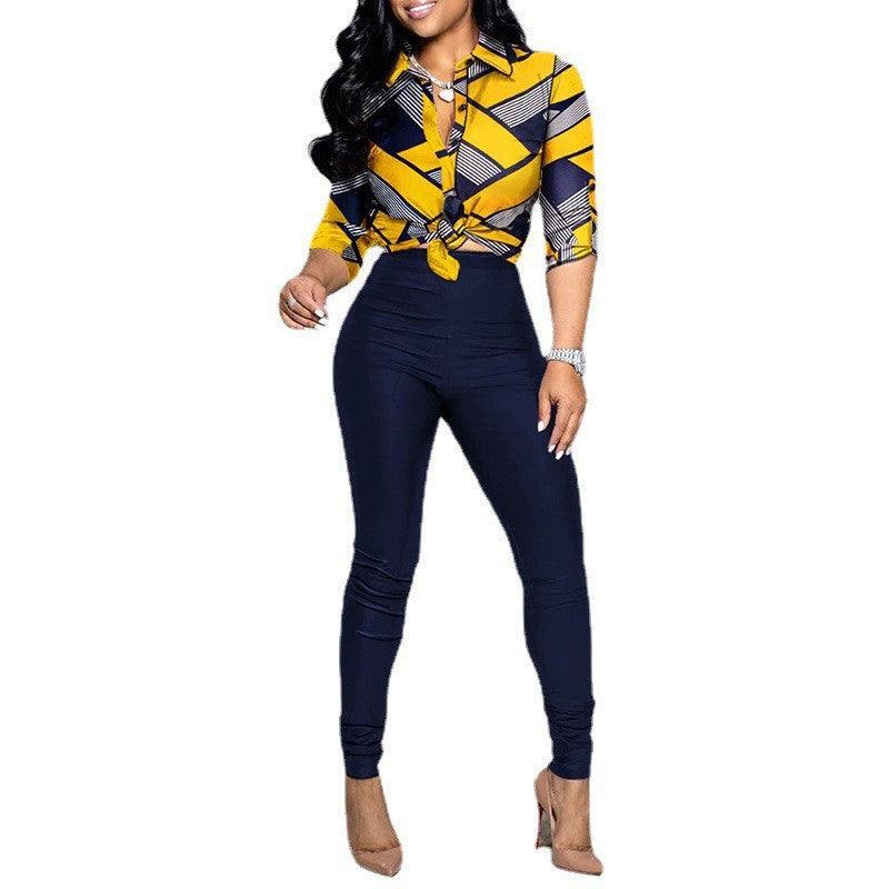 Women's Long Sleeve Lapel Shirt + Casual Pants Colorblock Print Set - Alartis