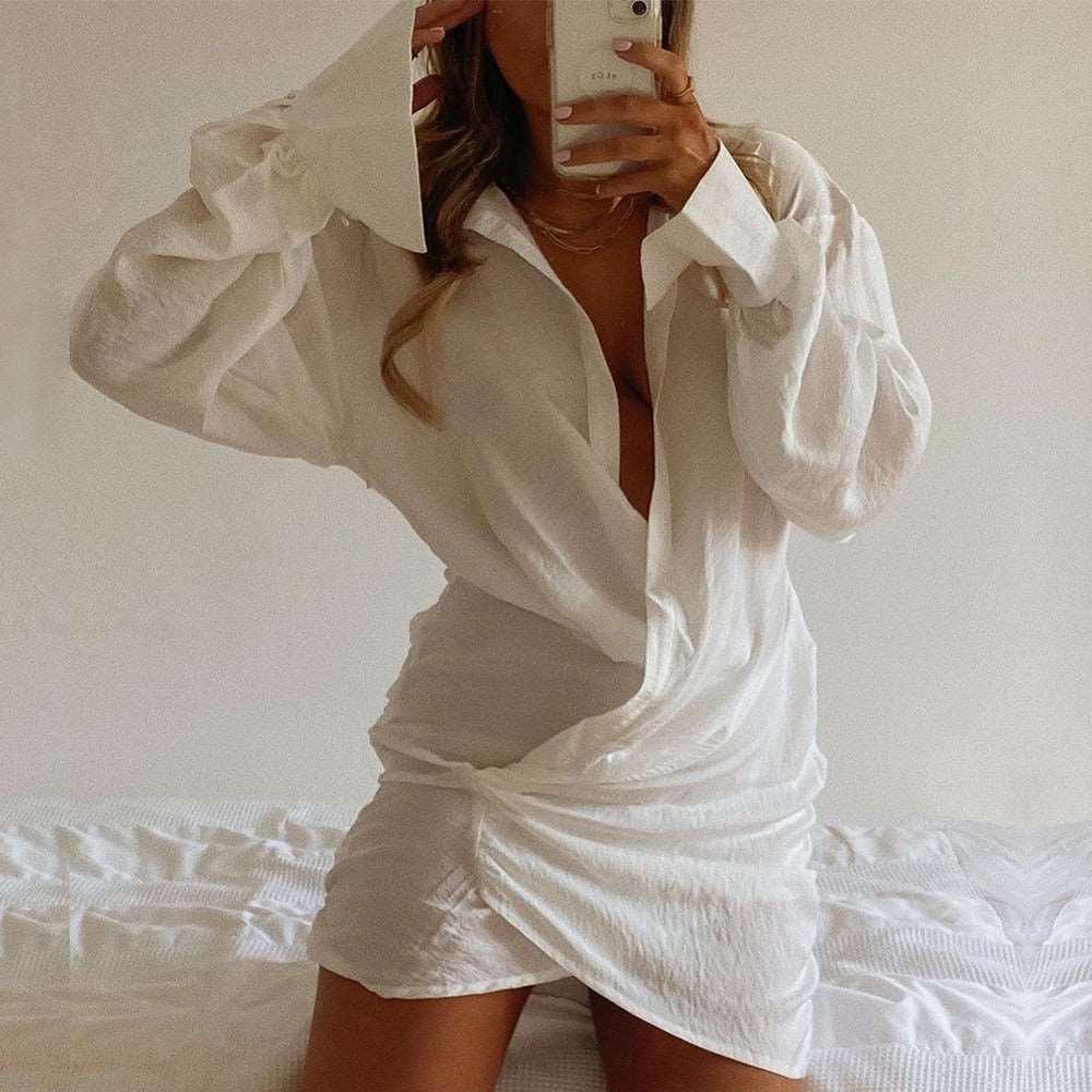 Women’s Long Sleeved White Deep V Linen Dress - Alartis