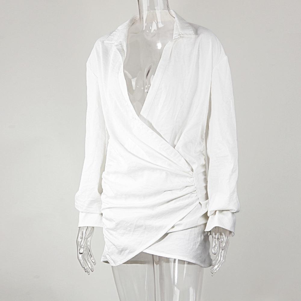 Women’s Long Sleeved White Deep V Linen Dress - Alartis