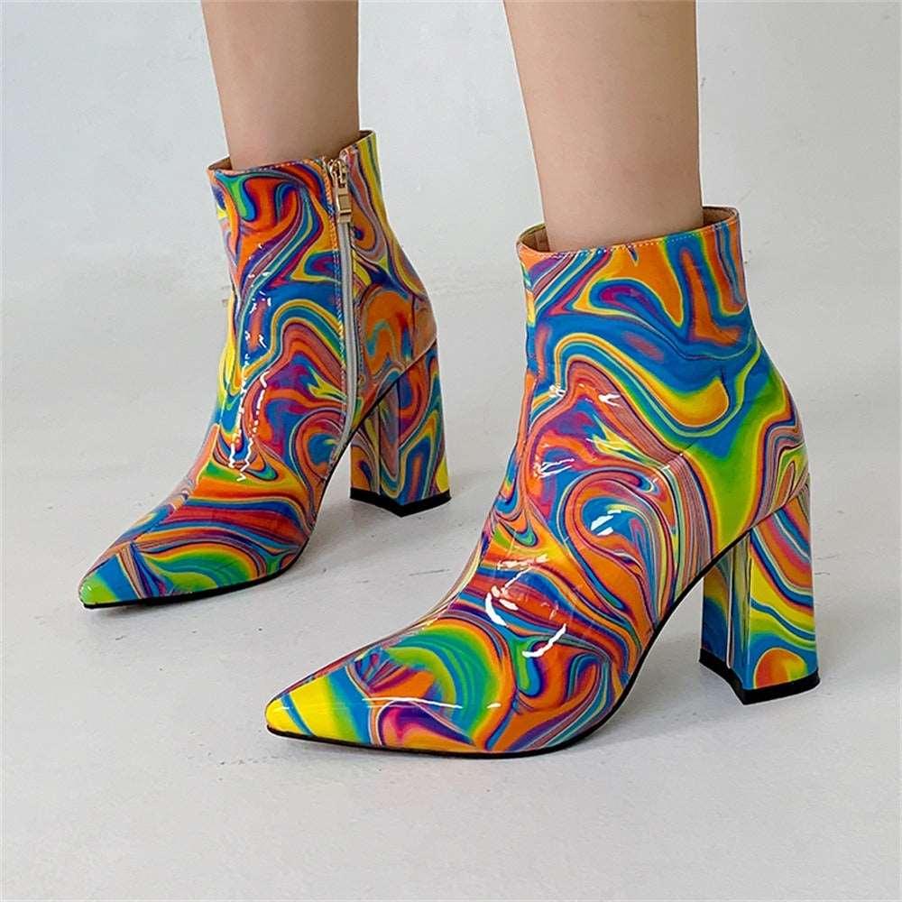 Women's Mix Color Pointed Toe High Heel Side Zipper Ankle Boots - Alartis