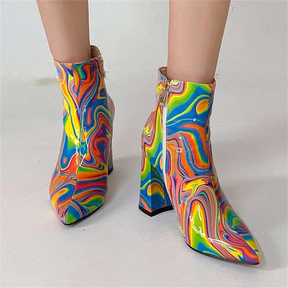 Women's Mix Color Pointed Toe High Heel Side Zipper Ankle Boots - Alartis