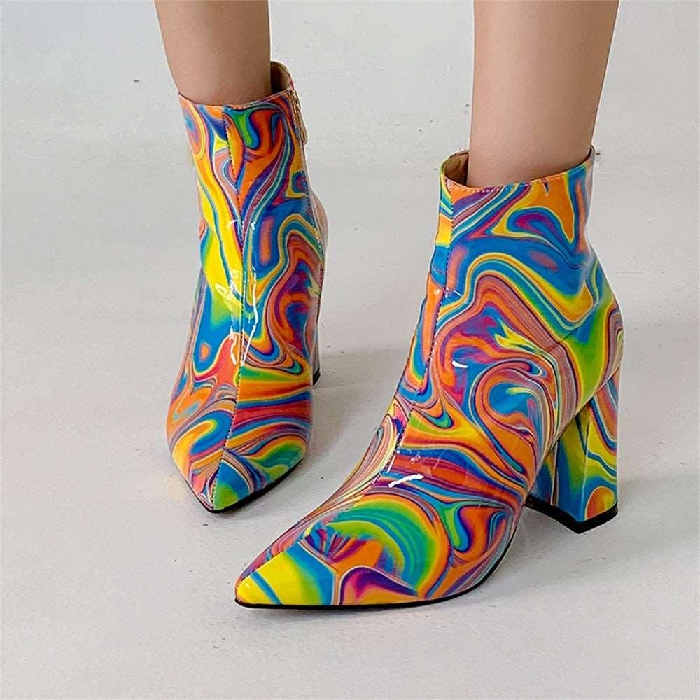 Women's Mix Color Pointed Toe High Heel Side Zipper Ankle Boots - Alartis