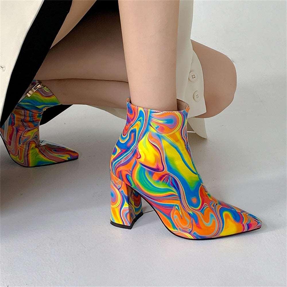 Women's Mix Color Pointed Toe High Heel Side Zipper Ankle Boots - Alartis