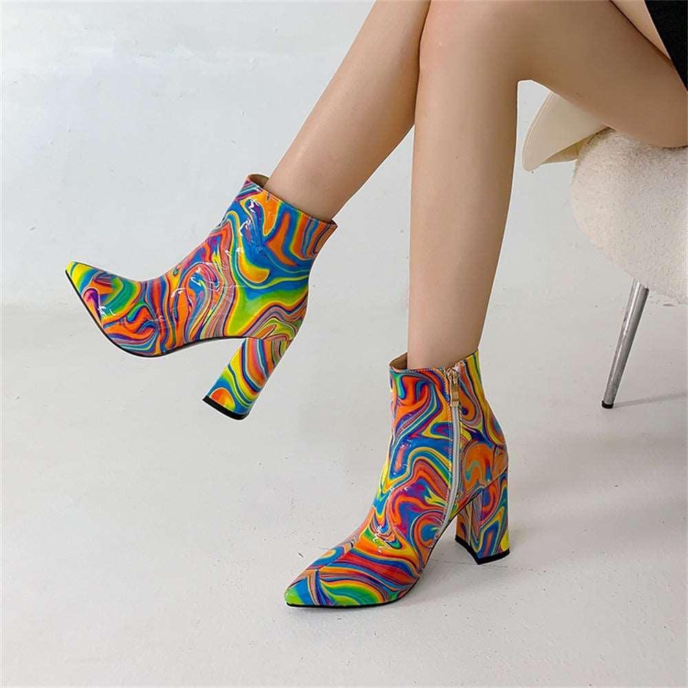 Women's Mix Color Pointed Toe High Heel Side Zipper Ankle Boots - Alartis