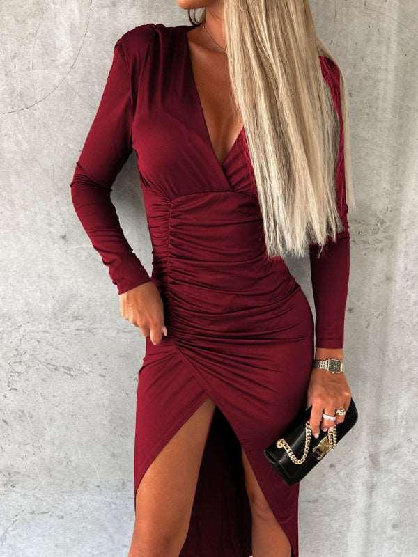 Women's Neckline Dress With Long Sleeve And Slit At Front - Alartis