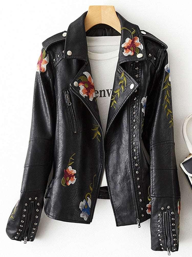 Women's Retro Floral Print Embroidery Soft Leather Jacket - Alartis