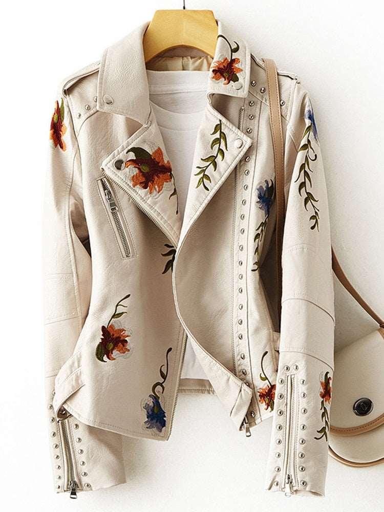 Women's Retro Floral Print Embroidery Soft Leather Jacket - Alartis