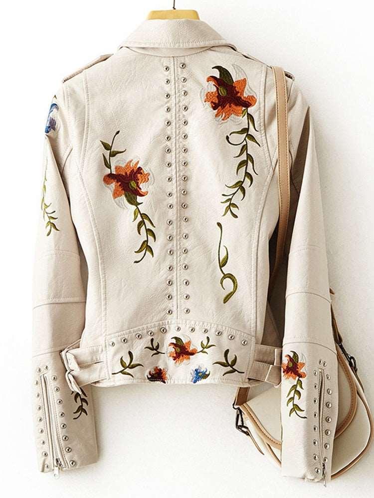 Women's Retro Floral Print Embroidery Soft Leather Jacket - Alartis