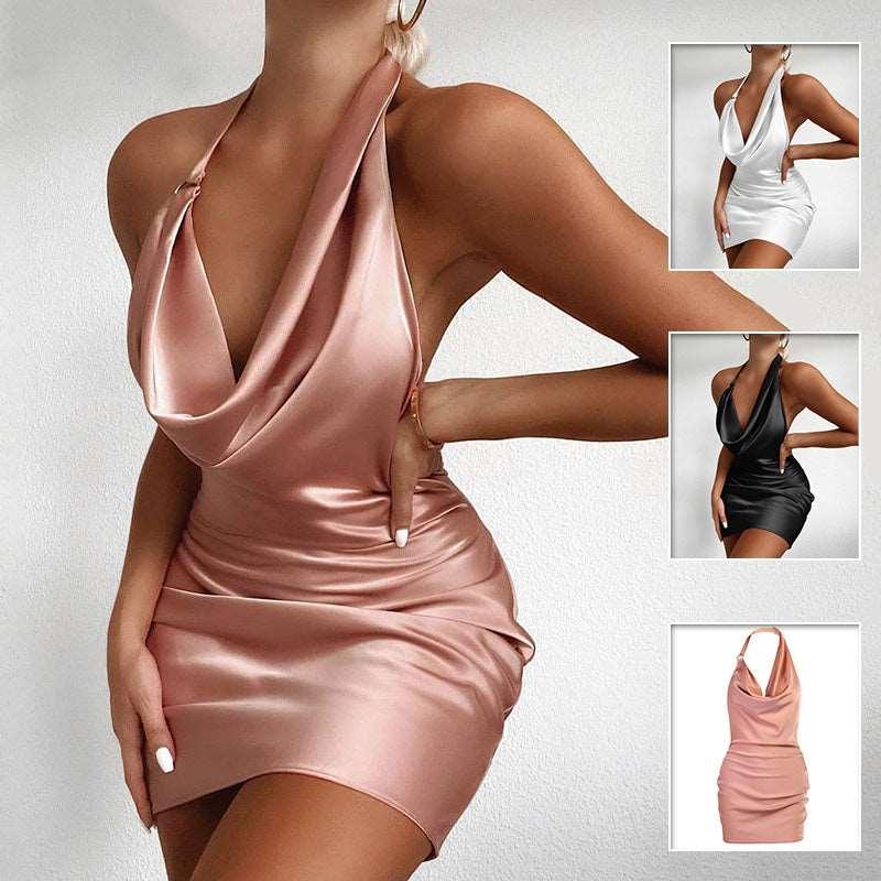 Women's Satin Party Dress, V Neck Backless Sleeveless Party Dress - Alartis