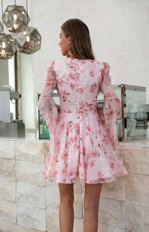 Women's Sexy V-Neck Floral Print High Waist Flared Sleeve Dress - Alartis