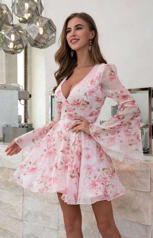 Women's Sexy V-Neck Floral Print High Waist Flared Sleeve Dress - Alartis