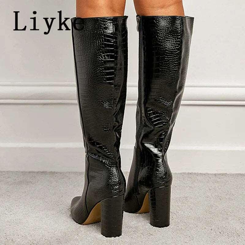 Women's Snake Print Knee High Leather Boots - Alartis