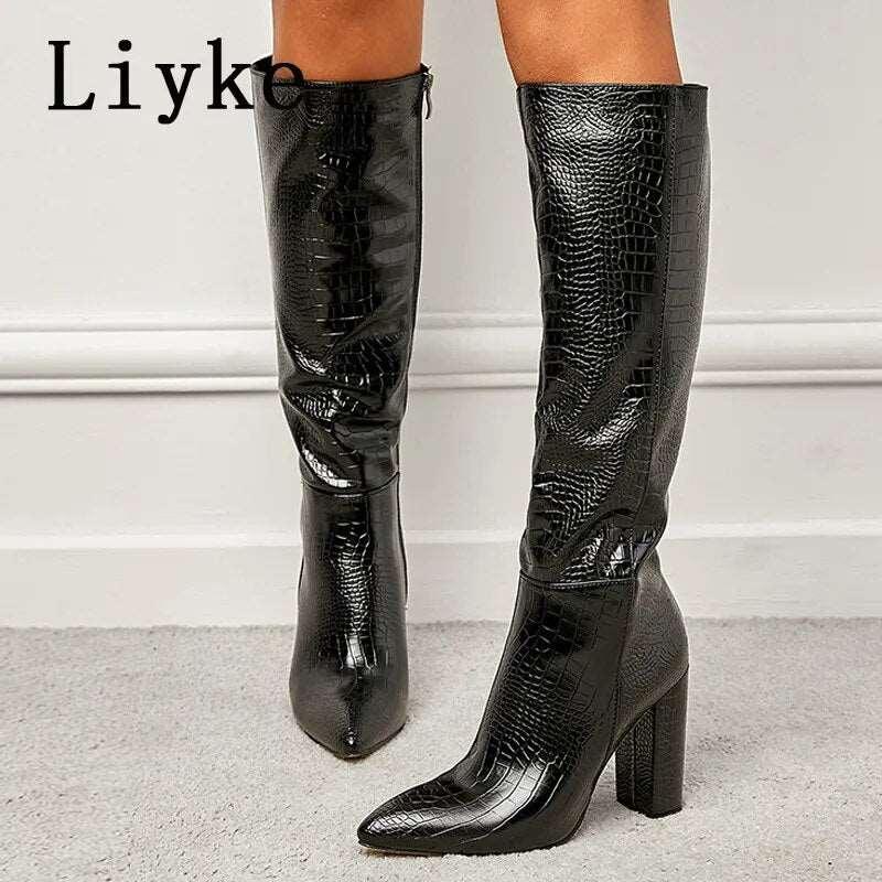 Women's Snake Print Knee High Leather Boots - Alartis