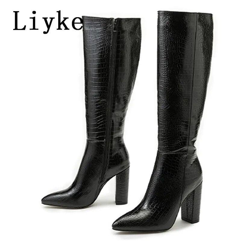 Women's Snake Print Knee High Leather Boots - Alartis