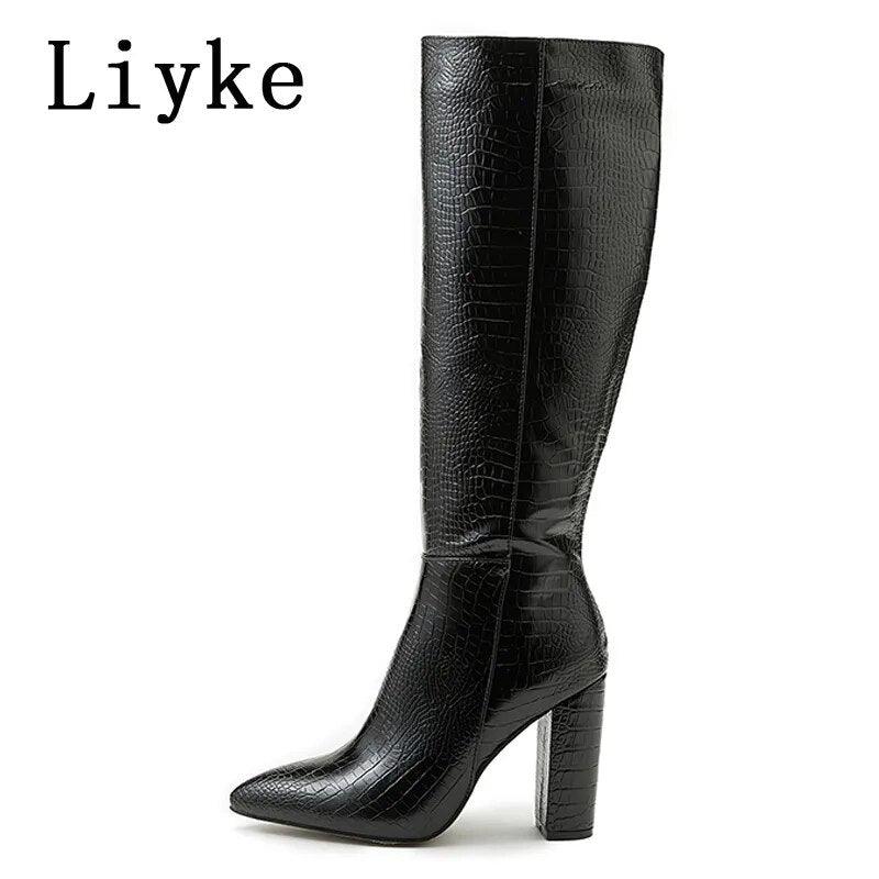 Women's Snake Print Knee High Leather Boots - Alartis