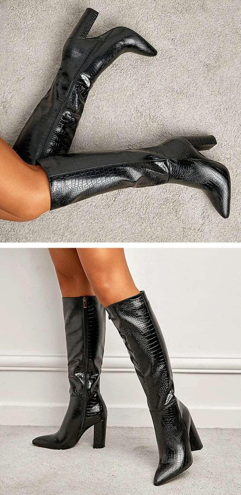 Women's Snake Print Knee High Leather Boots - Alartis