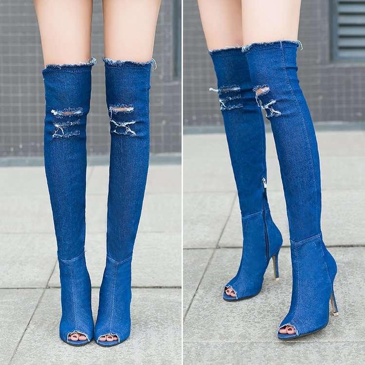 Women's Stretchy Denim Knee Boots With Stylish Fish Mouth Design - Alartis