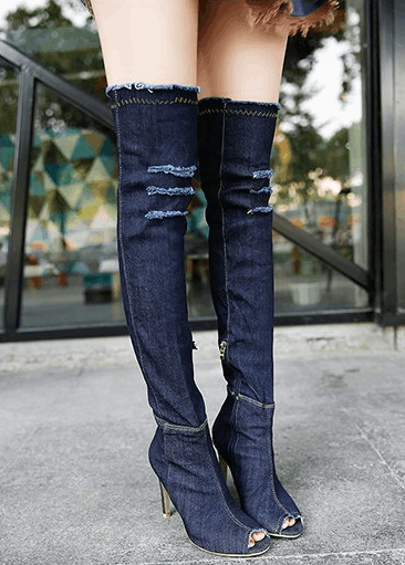 Women's Stretchy Denim Knee Boots With Stylish Fish Mouth Design - Alartis