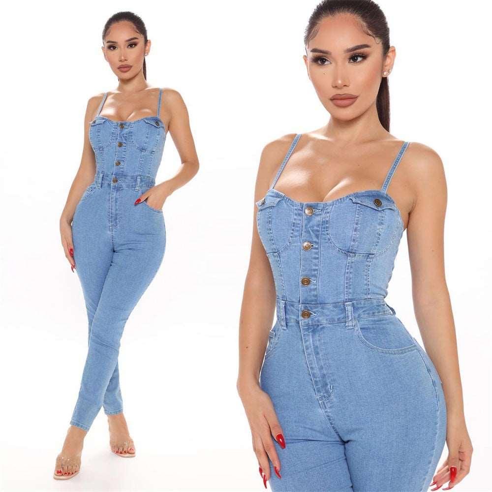 Women's Summer Casual High Elastic Denim Jumpsuit - Alartis