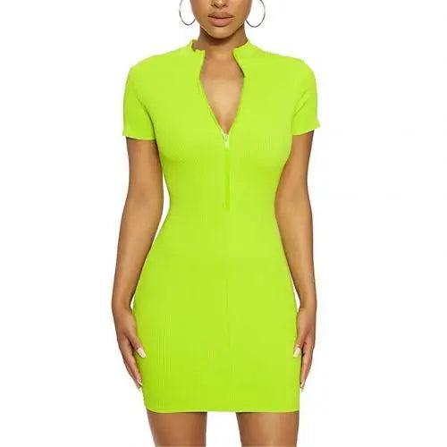 Women Short Sleeve Ribbed Zip Bodycon Dress for Club Parties - Alartis