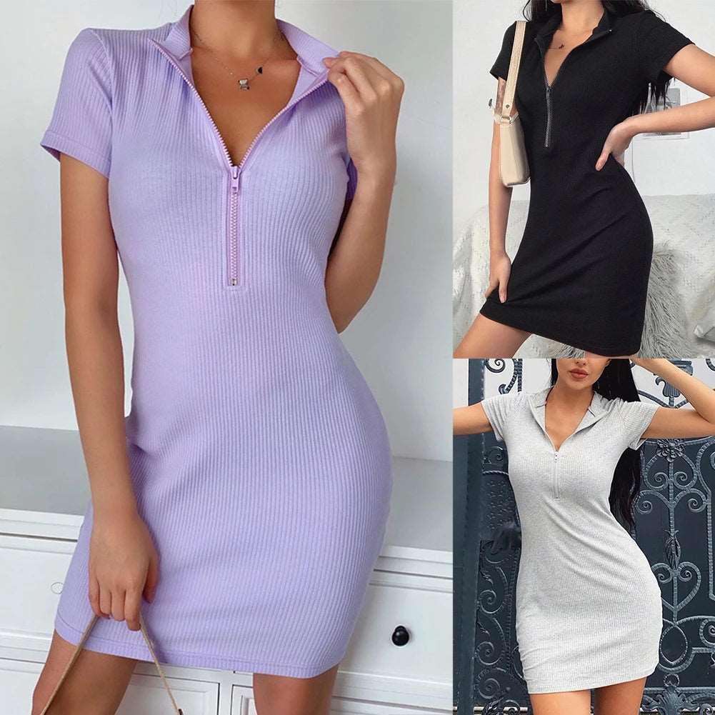 Women Short Sleeve Ribbed Zip Bodycon Dress for Club Parties - Alartis