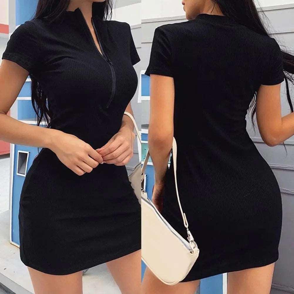 Women Short Sleeve Ribbed Zip Bodycon Dress for Club Parties - Alartis