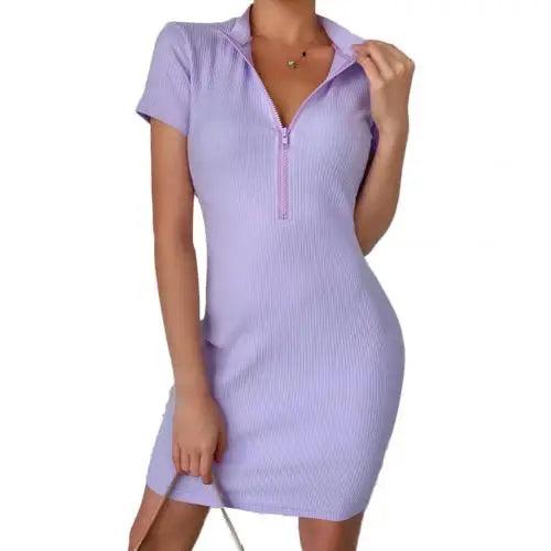 Women Short Sleeve Ribbed Zip Bodycon Dress for Club Parties - Alartis