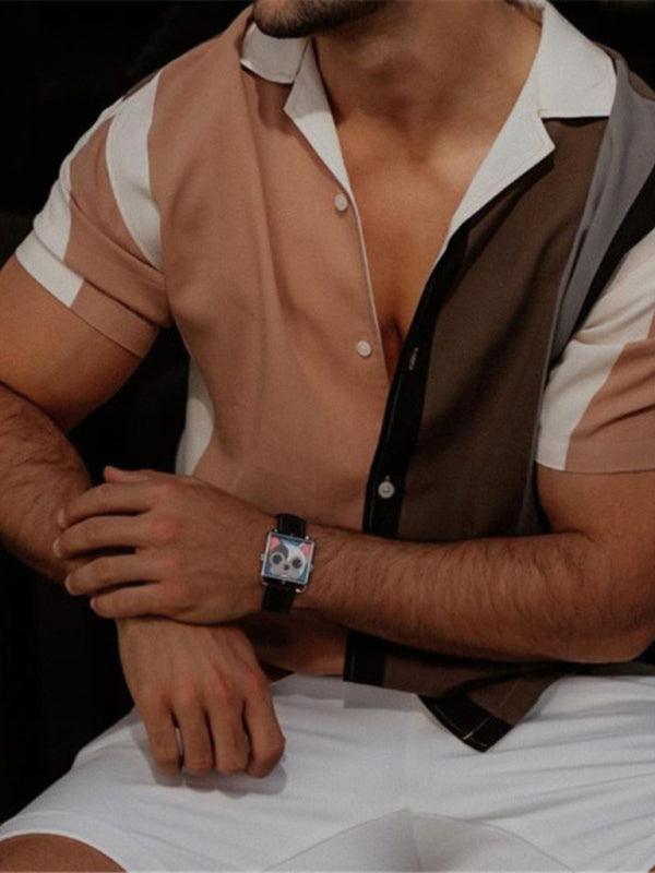 Men's Color Block Short Sleeve Button-up Shirt - Alartis
