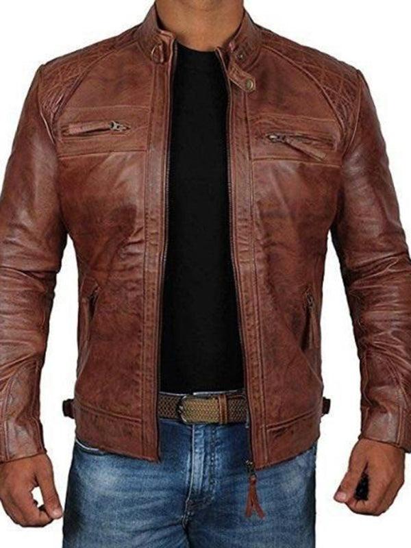 Men's Stand Collar Motorcycle Leather Jacket - Alartis