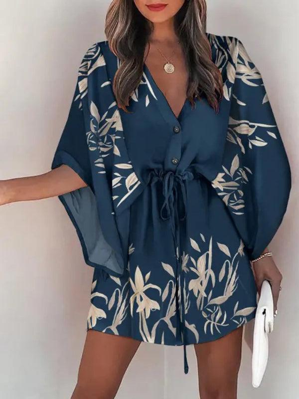 Women's Beach Dolman Half Sleeve V-neck Floral Print Adjustable Dress - Alartis