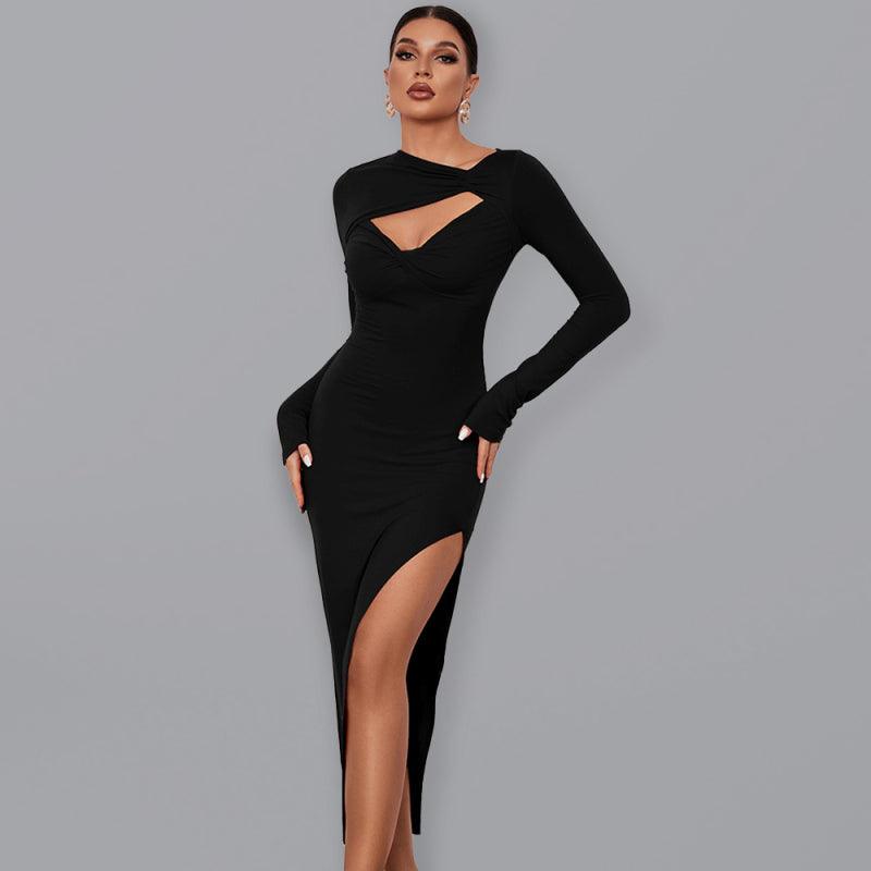 Women's Long Sleeve Angled Neckline Dress With Front Cutouts And Leg Slit - Alartis